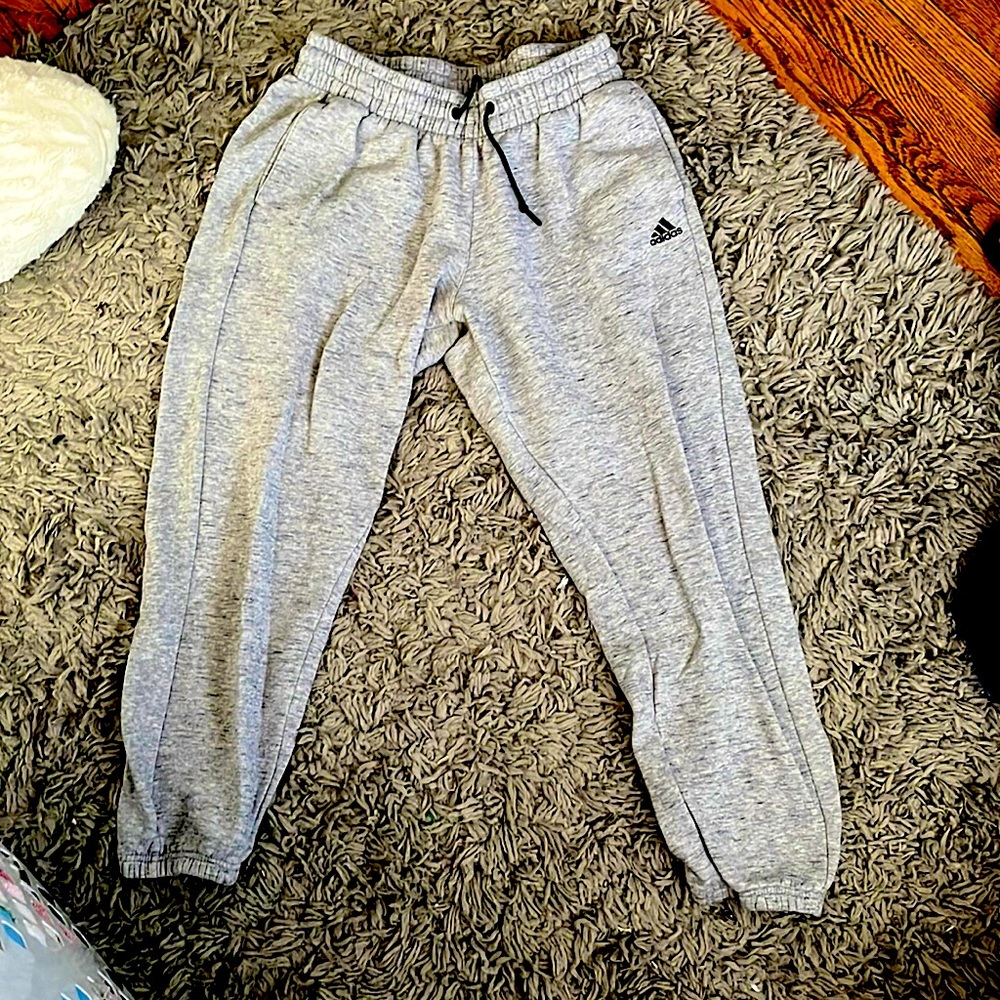 Adidas light grey joggers with cuffed ankles